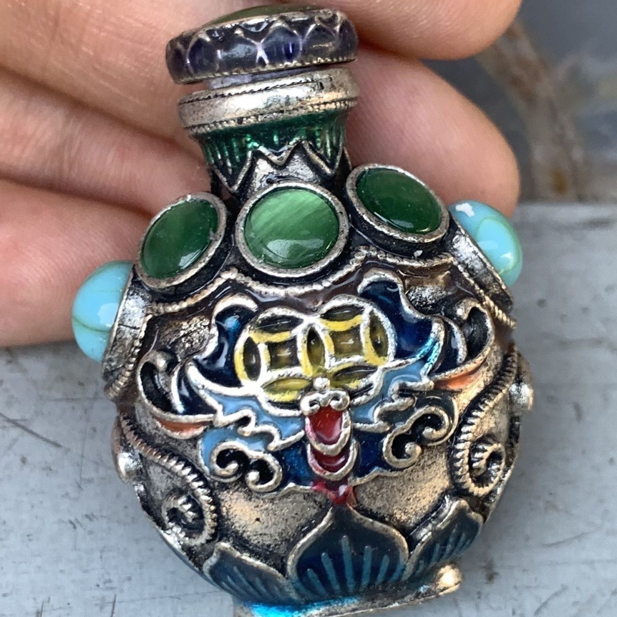 Vintage Collectible Bottles - Vintage Cloisonne Bronze Snuff Bottle, Mini